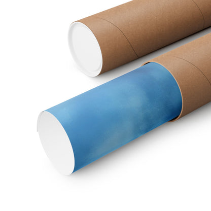 Rolled blue wall art print in brown mailing tube on white background