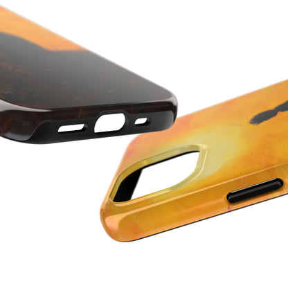 Close-up of two phone cases with abstract yellow and dark orange artistic designs