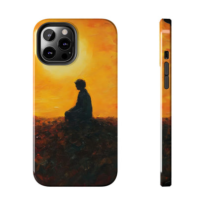Phone case featuring silhouette of person meditating at sunset, spiritual art design