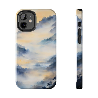 Phone case with misty blue mountains and golden sunrise watercolor landscape design