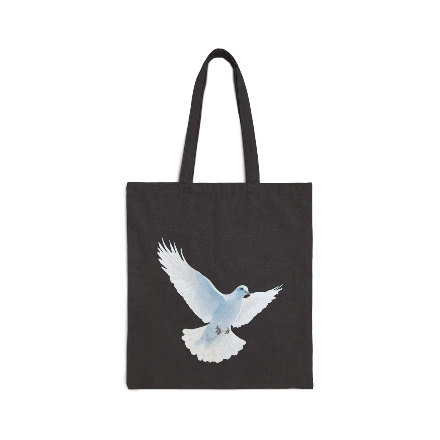 Black tote bag with white dove graphic, Christian faith-inspired accessory