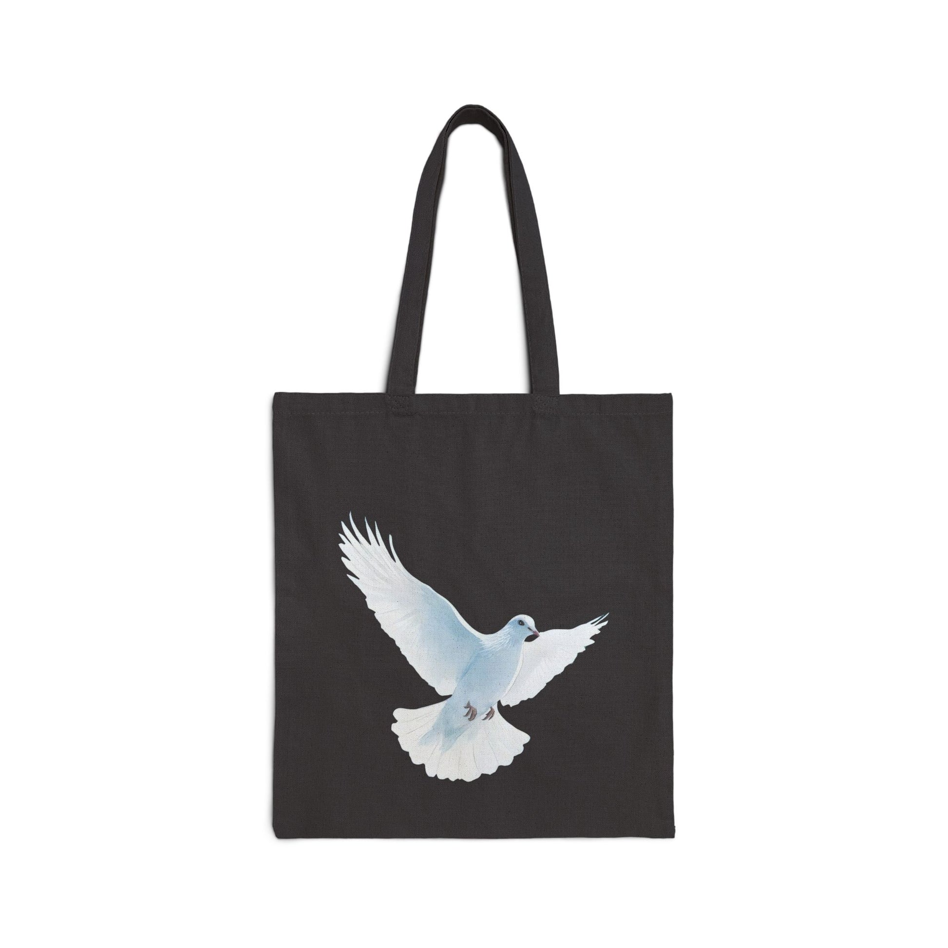 Black tote bag with white dove graphic, Christian faith-inspired accessory