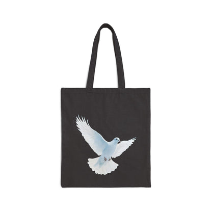 Black tote bag with white dove graphic, Christian faith-inspired accessory