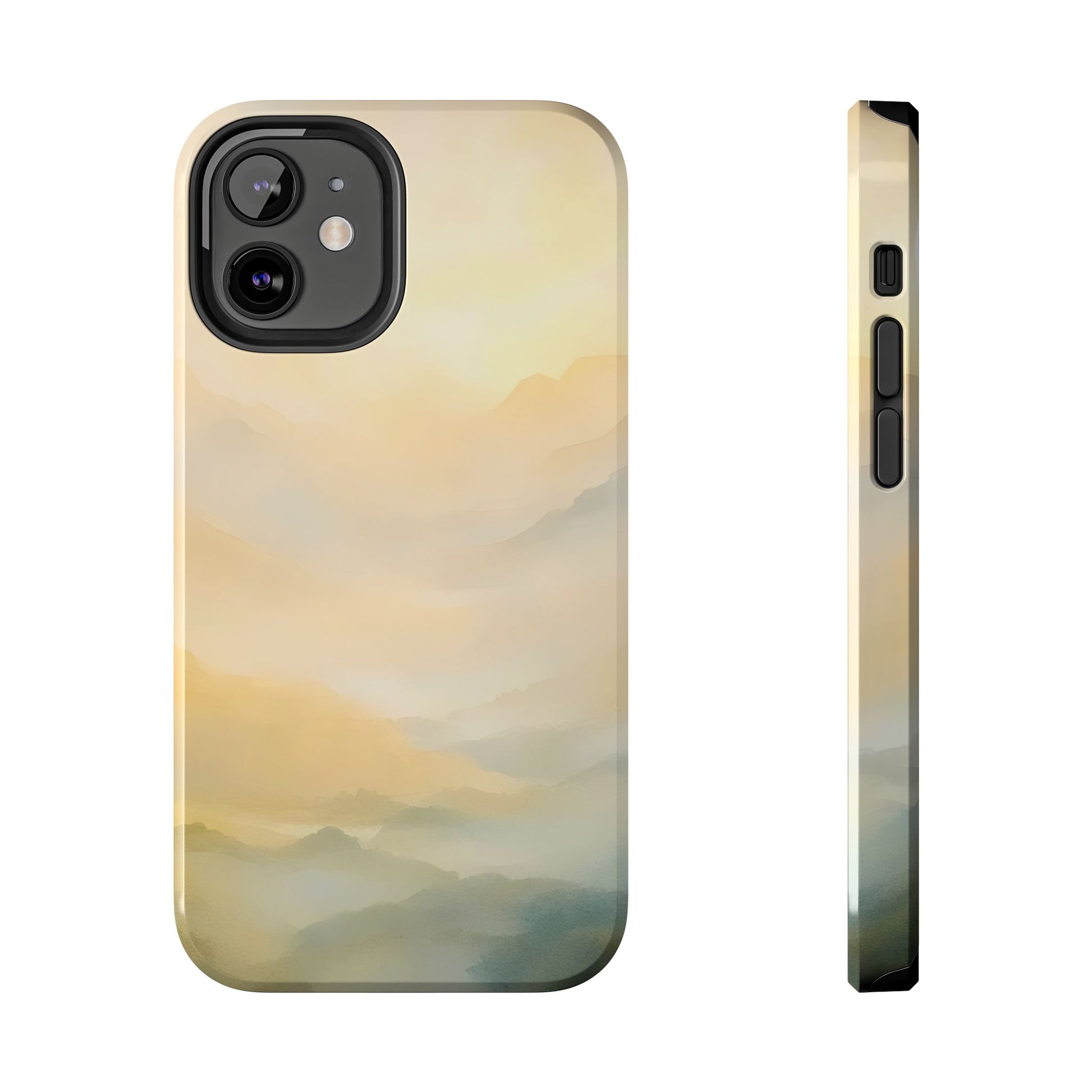iPhone case with peaceful pastel mountain landscape and misty, calming spiritual design