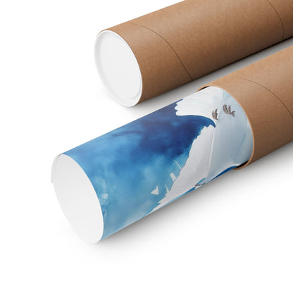 Rolled wall art poster with white dove on blue background in cardboard tube