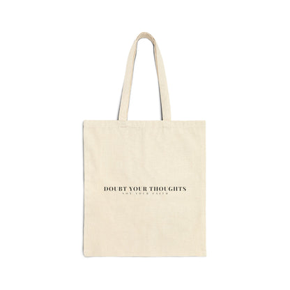 Natural cotton tote bag with 'Doubt Your Thoughts Not Your Faith' faith-inspired print