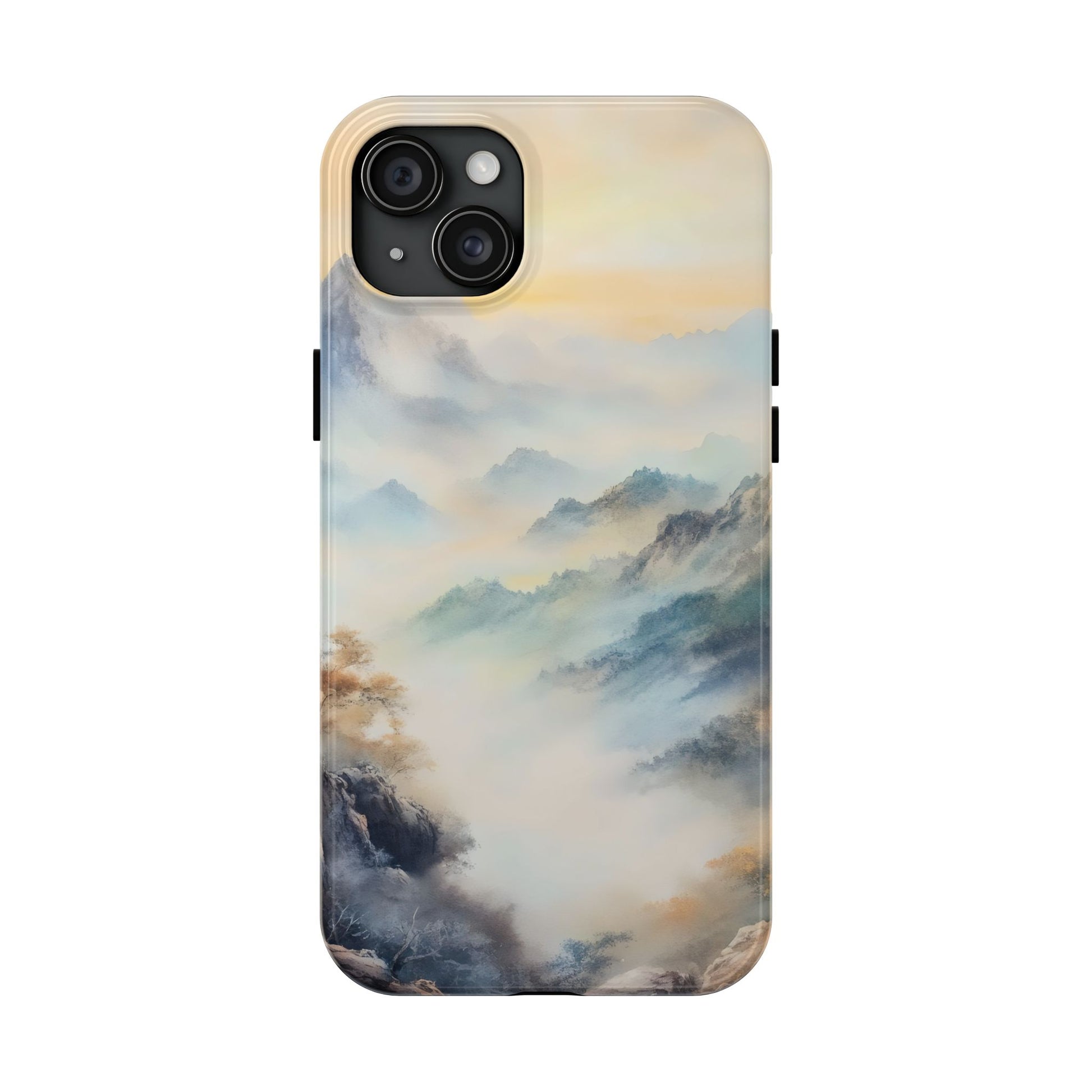 Phone case with serene mountain landscape and misty pastel colors, spiritual home decor
