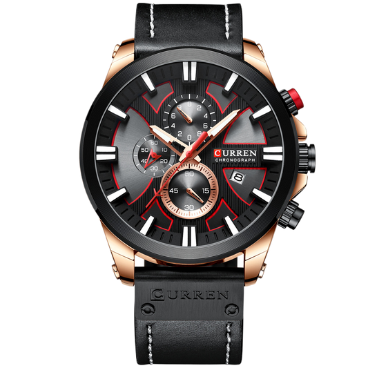 Round black dial watch with rose gold-tone case and black strap