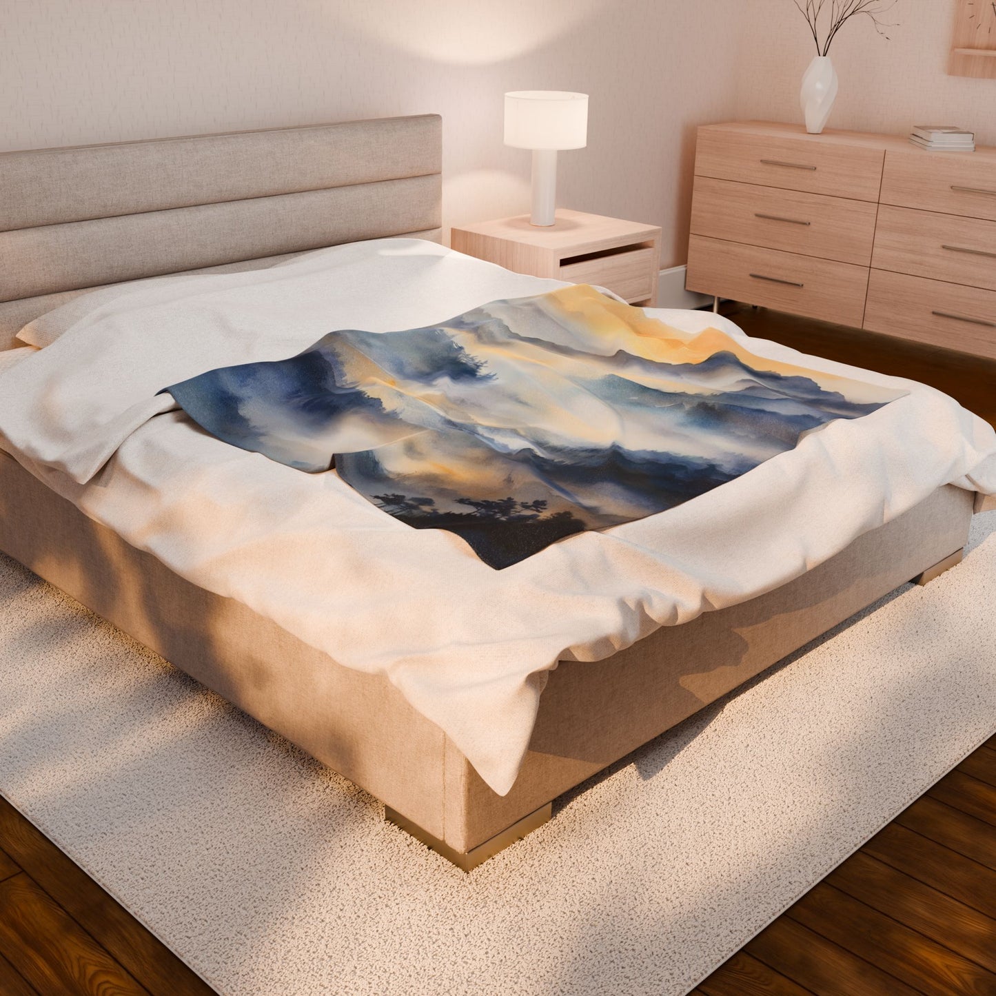 Misty Mountain Sunrise Velveteen Plush Blanket | Watercolor Landscape Throw