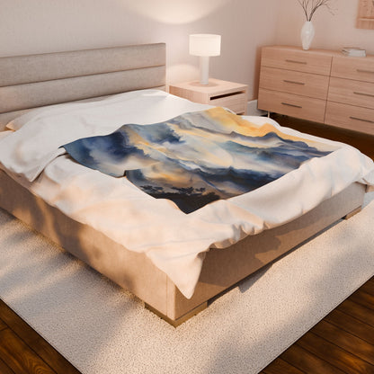 Misty Mountain Sunrise Velveteen Plush Blanket — alternate bedroom mockup