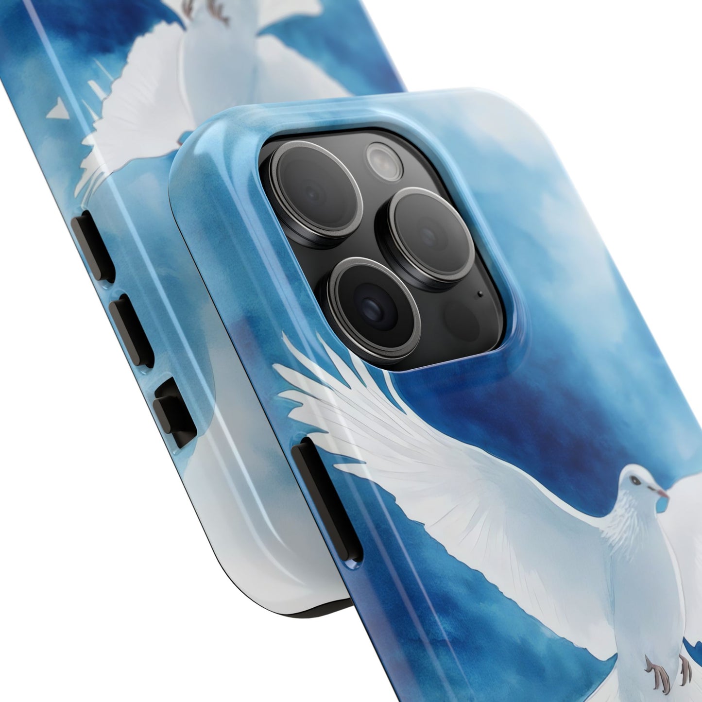 Blue phone case with white dove illustration, Christian faith-inspired accessory