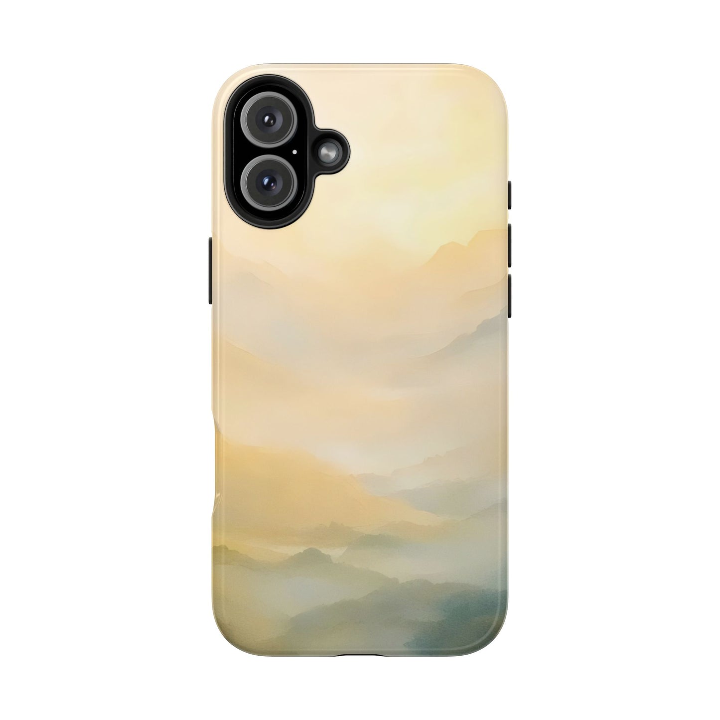 iPhone case with serene misty mountain landscape in soft pastel colors, spiritual phone cover