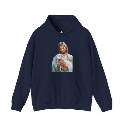 Navy blue Christian hoodie featuring Jesus holding a lamb graphic, faith-inspired apparel