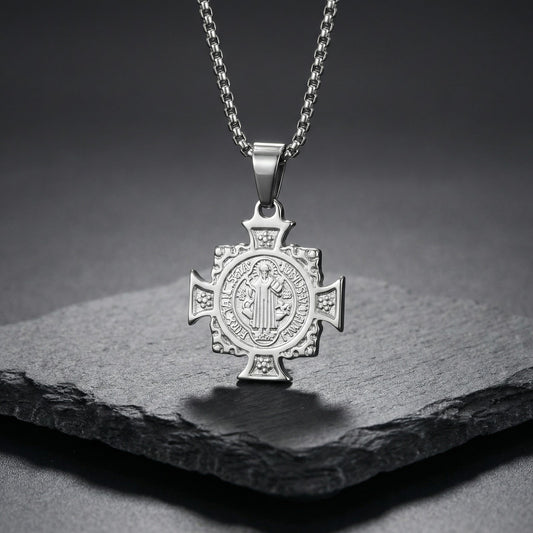 Silver-tone Saint Benedict medal cross pendant necklace