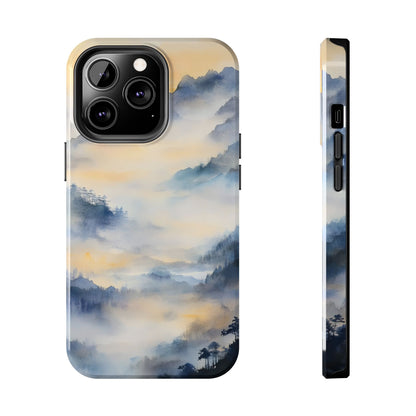 Phone case with serene watercolor misty mountains and pine tree landscape design