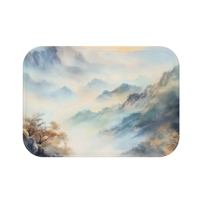 Misty mountain landscape watercolor art with soft blue and gold tones, serene wall decor