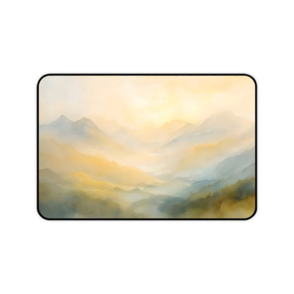 Desk mat with a soft sunrise over misty mountains