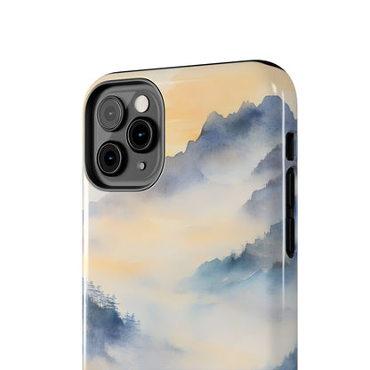 Phone case with watercolor mountain landscape and misty sunrise in soft blue and yellow tones