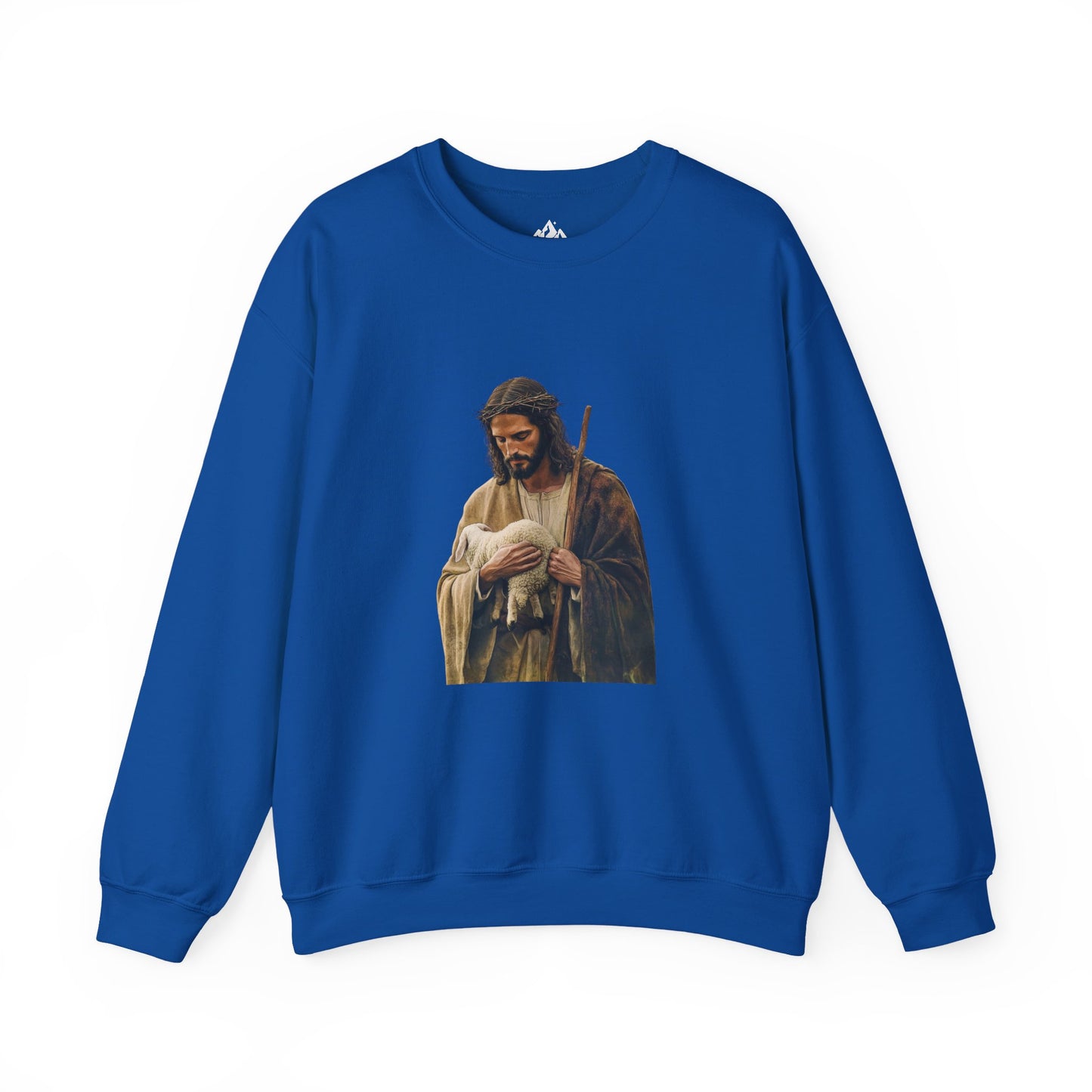 Blue Christian sweatshirt with Jesus holding a lamb graphic, faith-inspired apparel