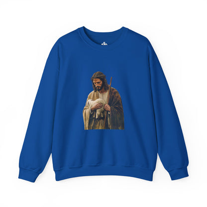 Blue Christian sweatshirt with Jesus holding a lamb graphic, faith-inspired apparel