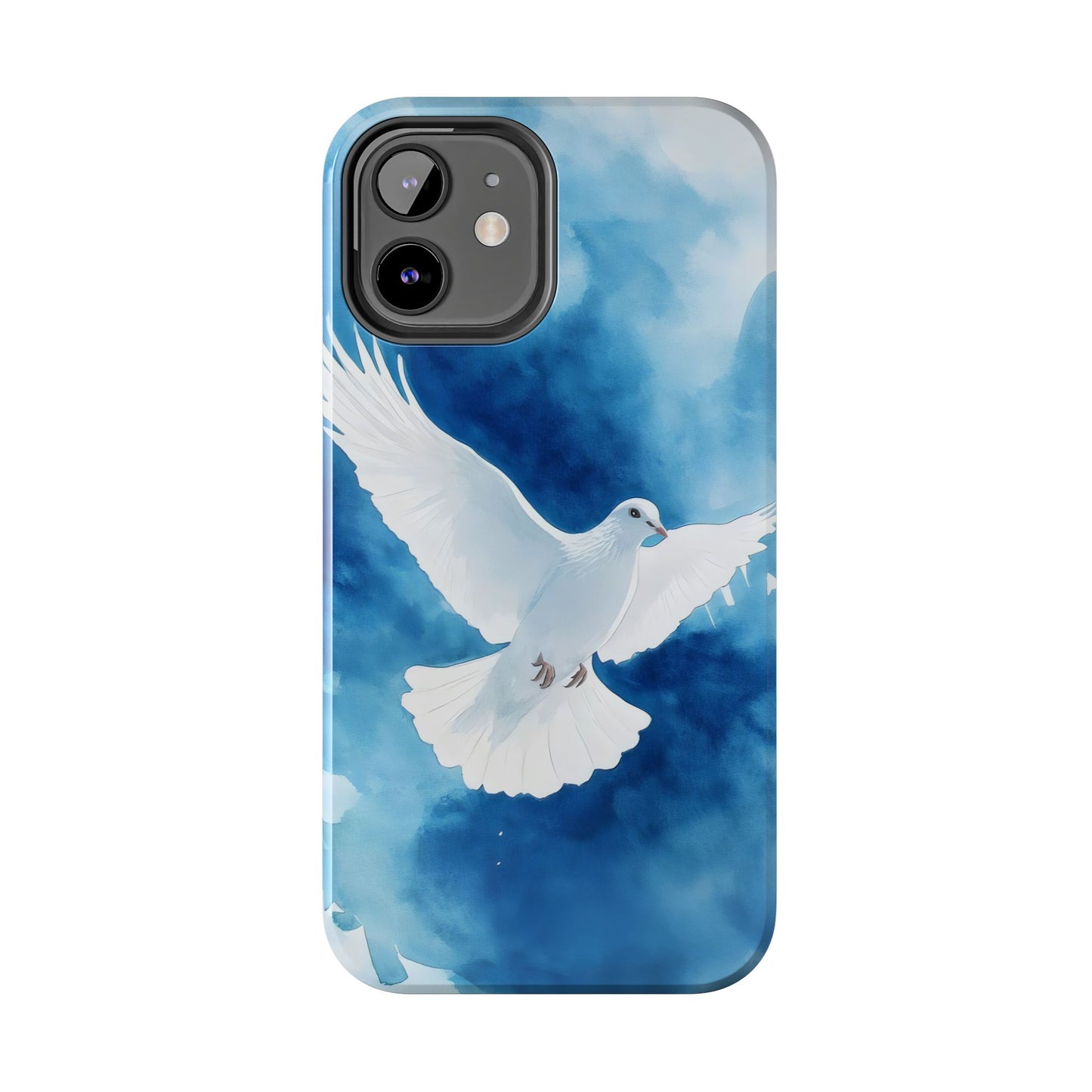 Christian phone case with white dove and blue watercolor background, faith-inspired accessory