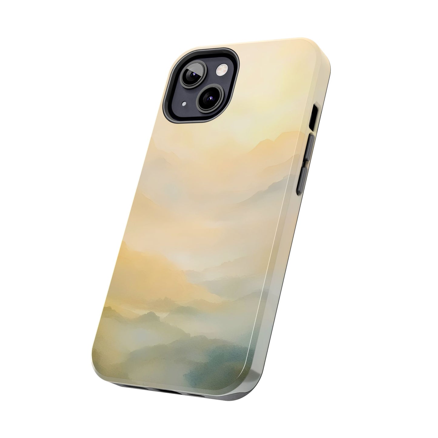 Phone case with serene pastel mountain landscape design, minimalist spiritual style