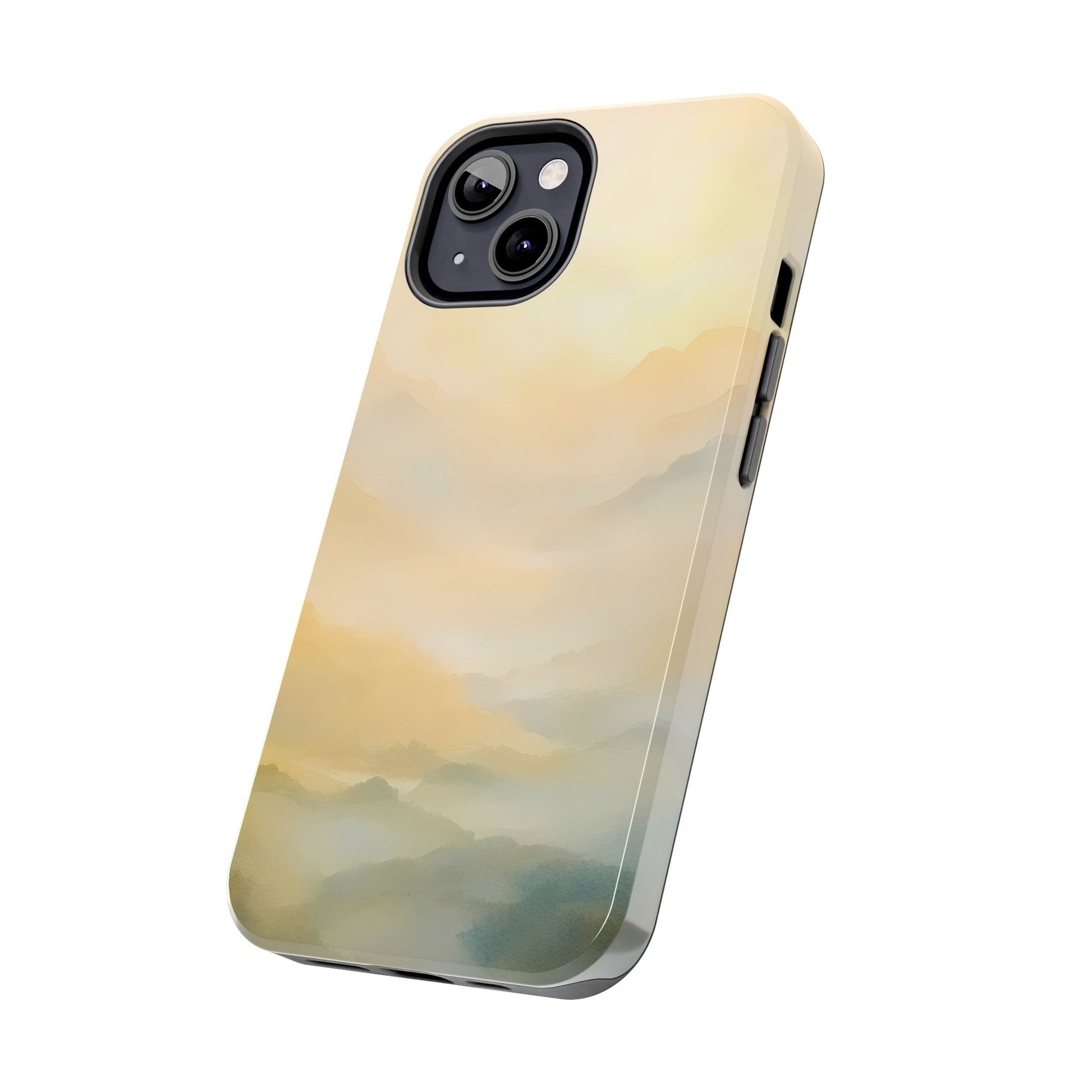 Phone case with serene pastel mountain landscape design, minimalist spiritual style