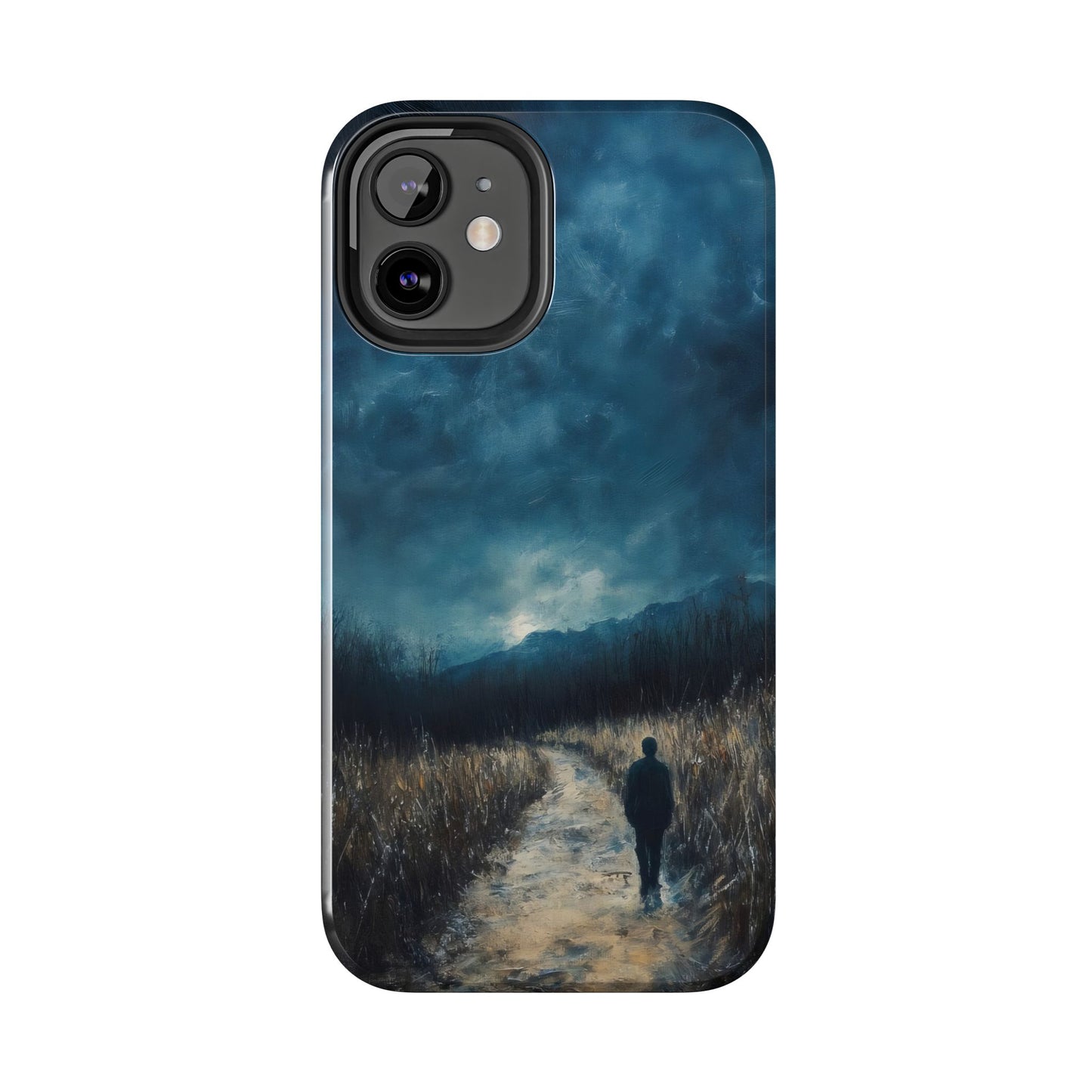 Phone case with serene landscape art, solitary figure walking on a path at dusk, spiritual design