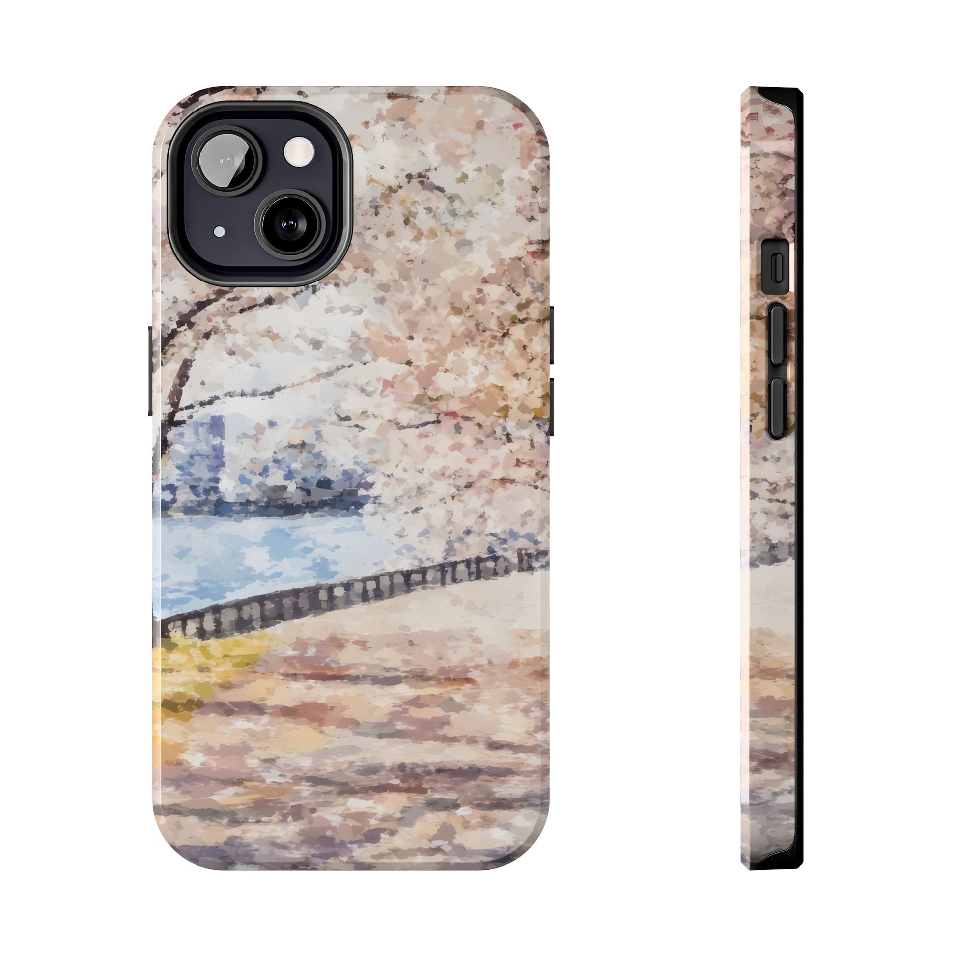 Pastel watercolor cherry blossom tree and riverside landscape iPhone case