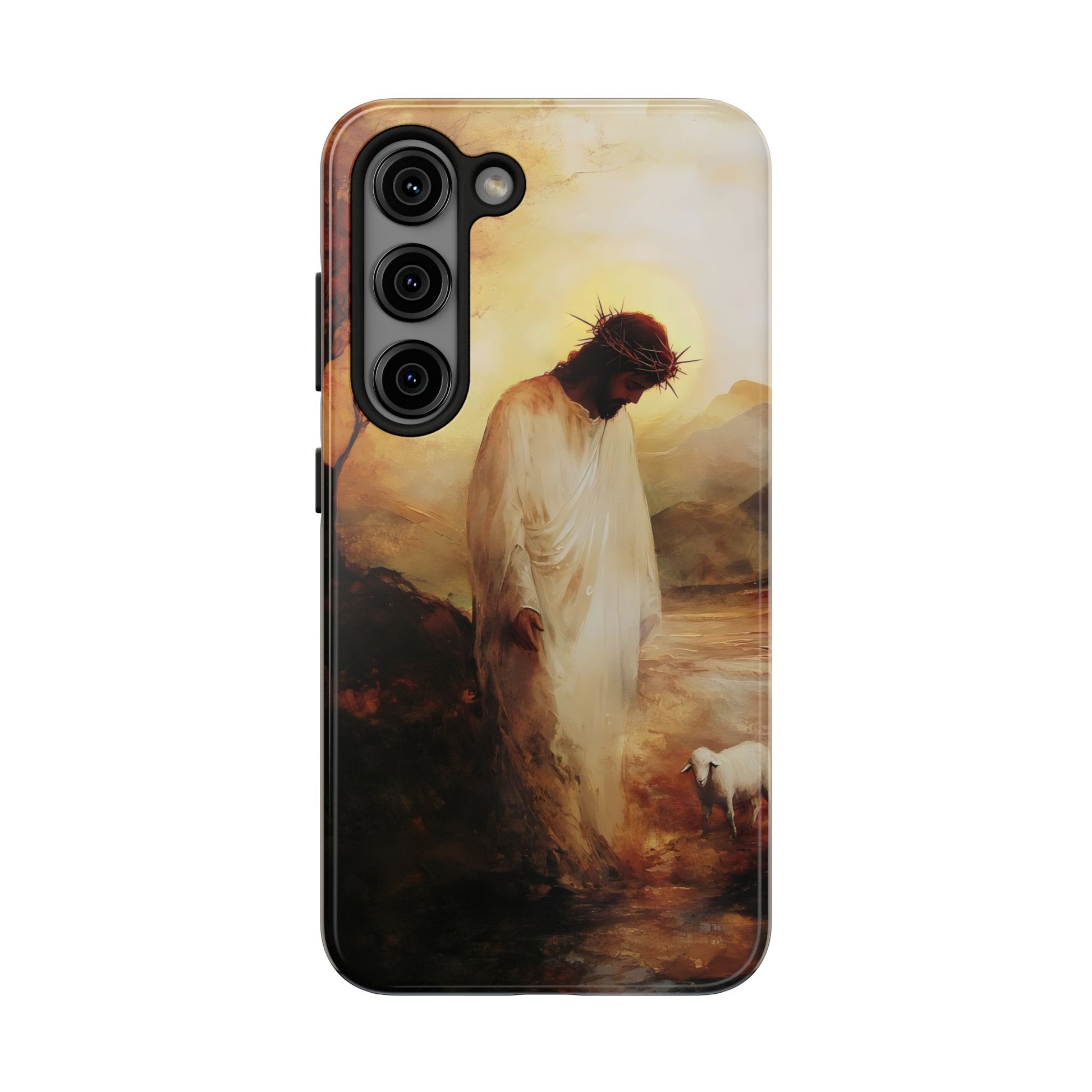 Christian phone case with Jesus in white robe and crown of thorns guiding a lamb in a serene, mystical landscape