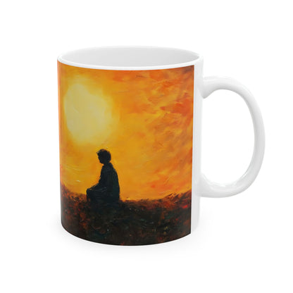 White ceramic mug featuring a silhouette meditating at sunset, spiritual wall art style.