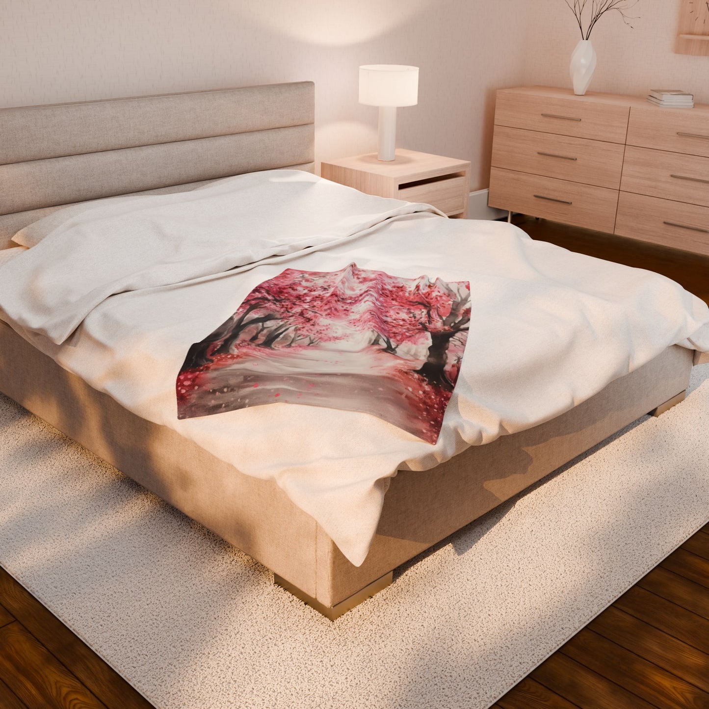 Cherry Blossom Path Velveteen Plush Blanket | Pink Tree Scenic Throw