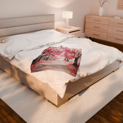 Cherry Blossom Path Velveteen Plush Blanket — blanket in a bedroom lifestyle setting