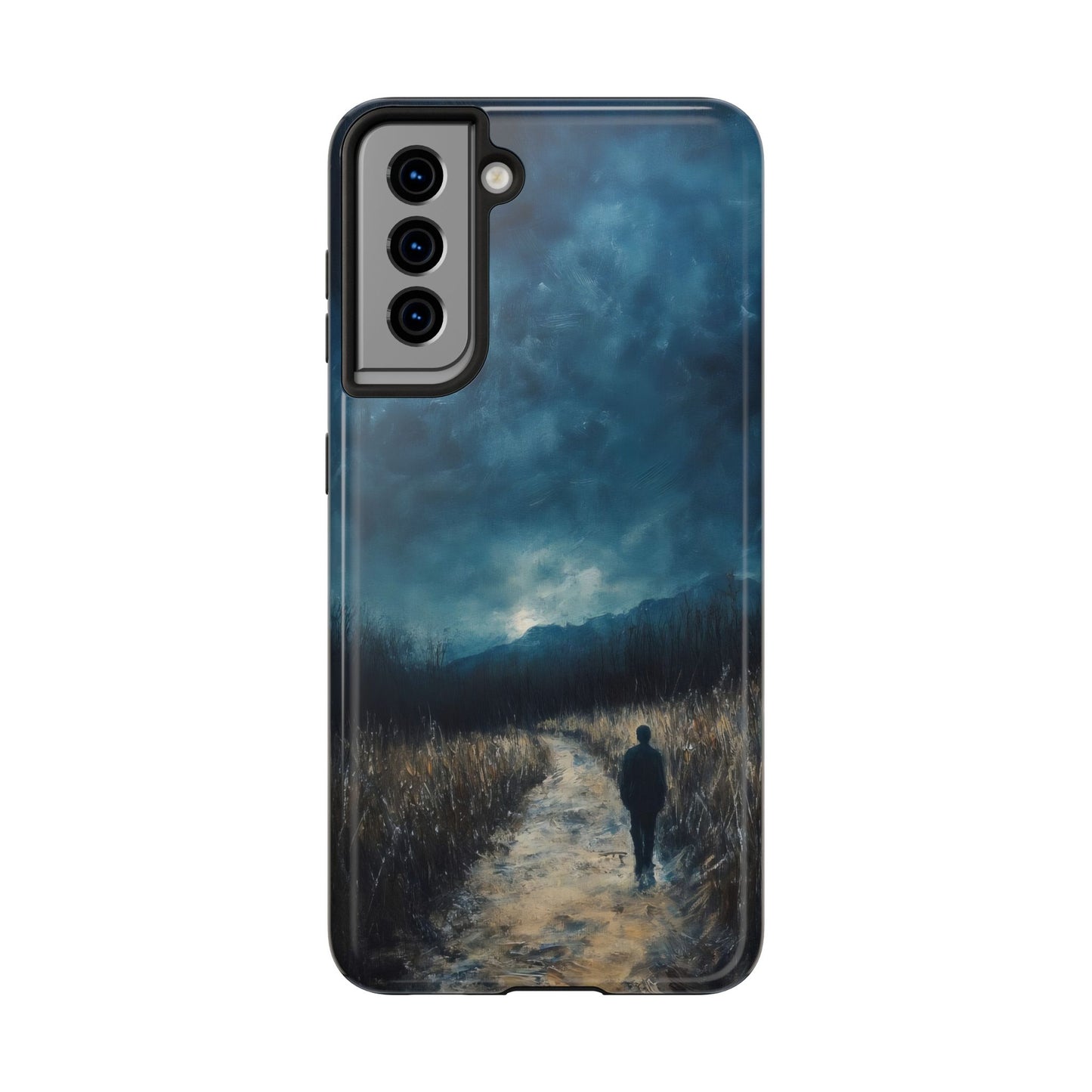 Phone case with silhouette walking on a serene path under a moody, cloudy sky artwork