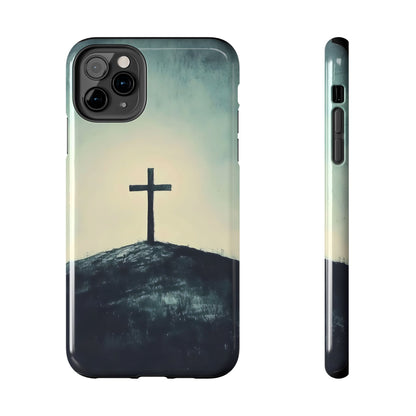 Christian phone case with cross on hill, minimalist faith-inspired design