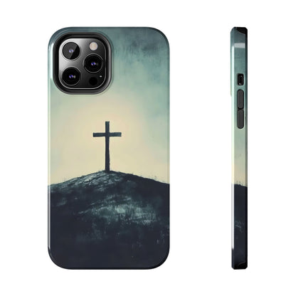 Christian cross on hill minimalist phone case, spiritual faith-inspired accessory