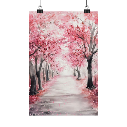 Watercolor wall art of a tranquil path lined with blooming pink cherry blossom trees