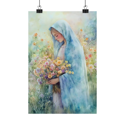 Watercolor art of serene woman in blue shawl holding bouquet, surrounded by wildflowers