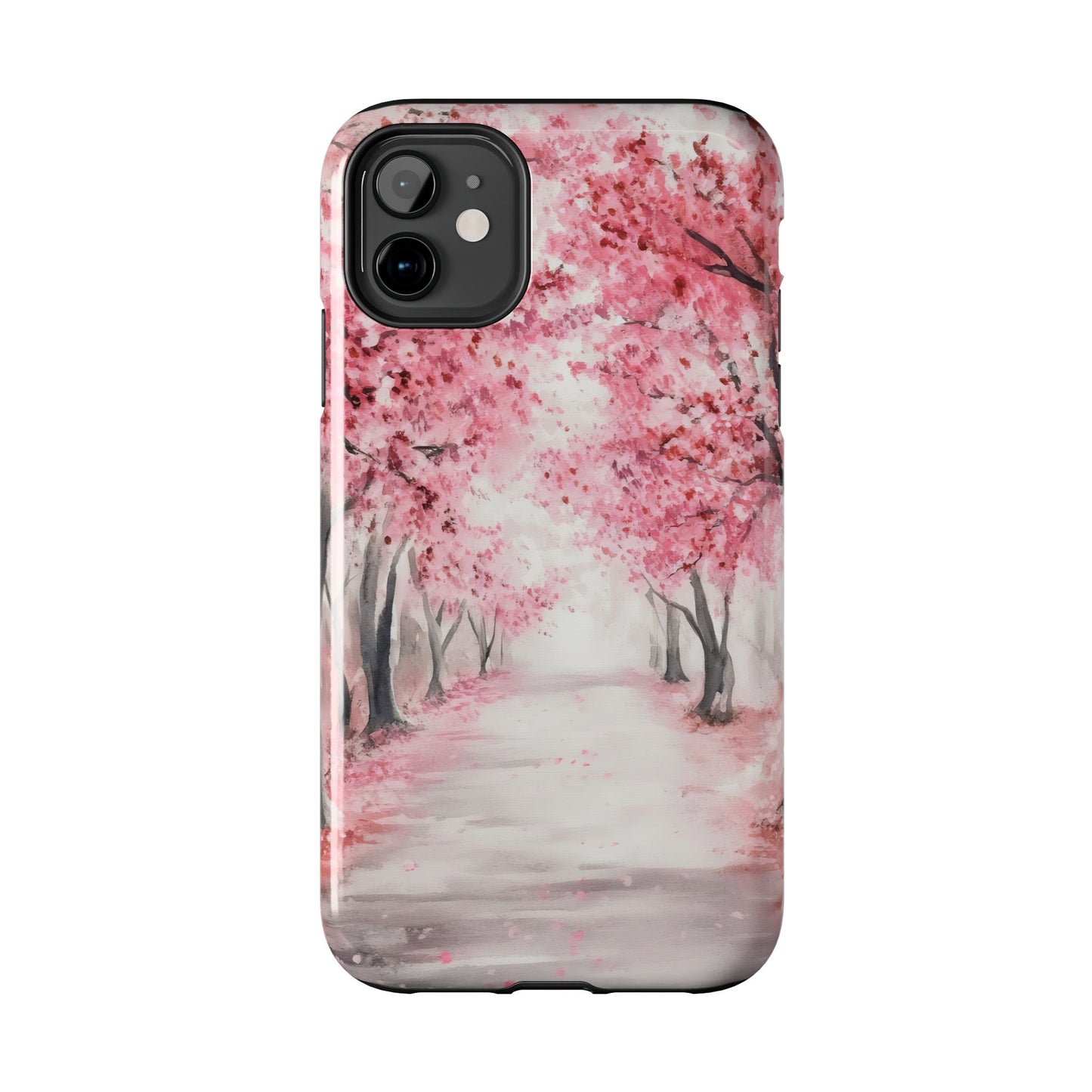 Phone case with pink cherry blossom trees and serene nature path illustration