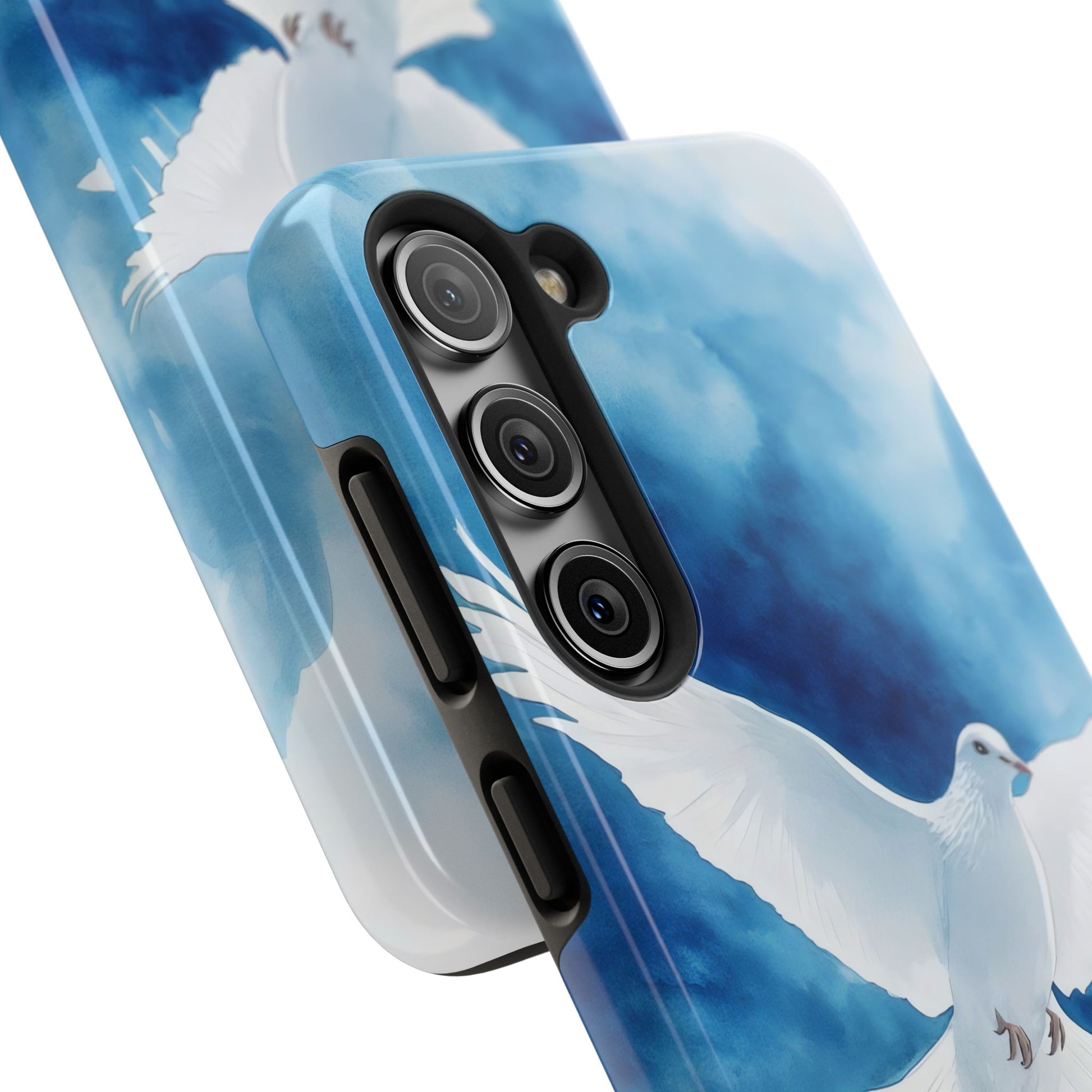 Phone case with white dove and blue sky design, spiritual Christian wall art accessory