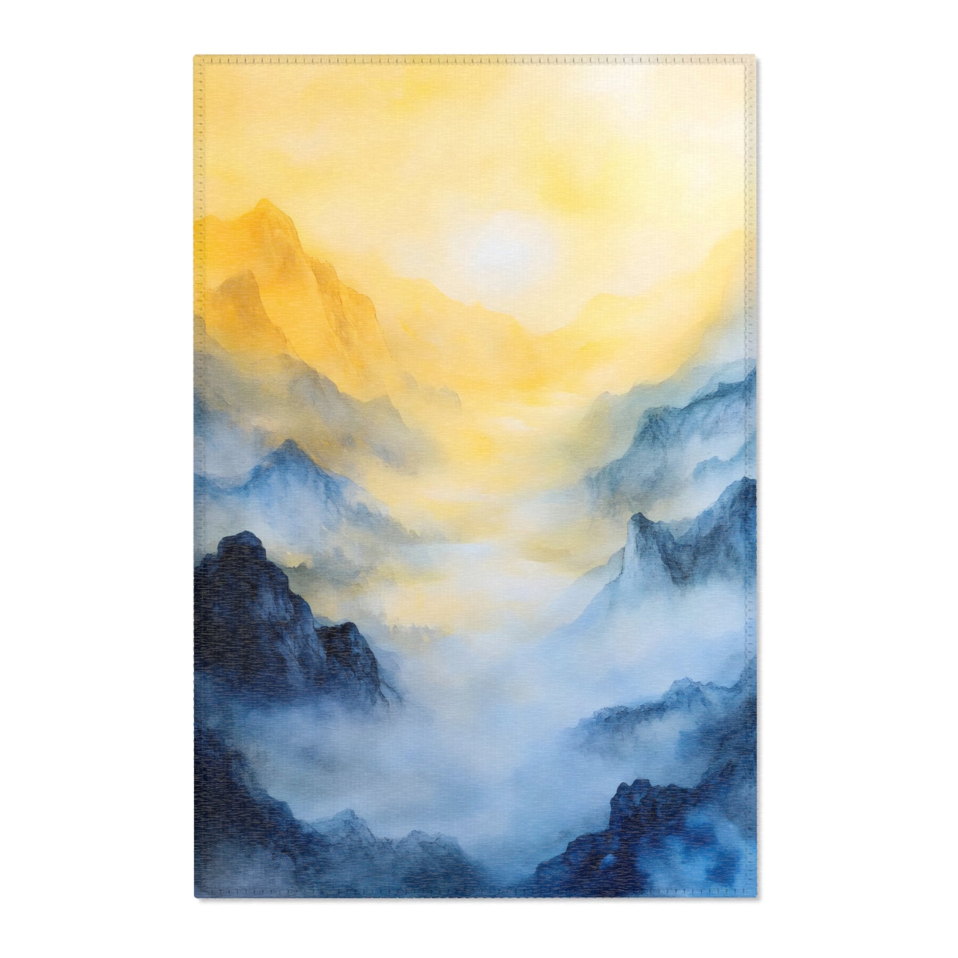 Serene blue and gold mountain landscape wall art with mist and soft sunrise light