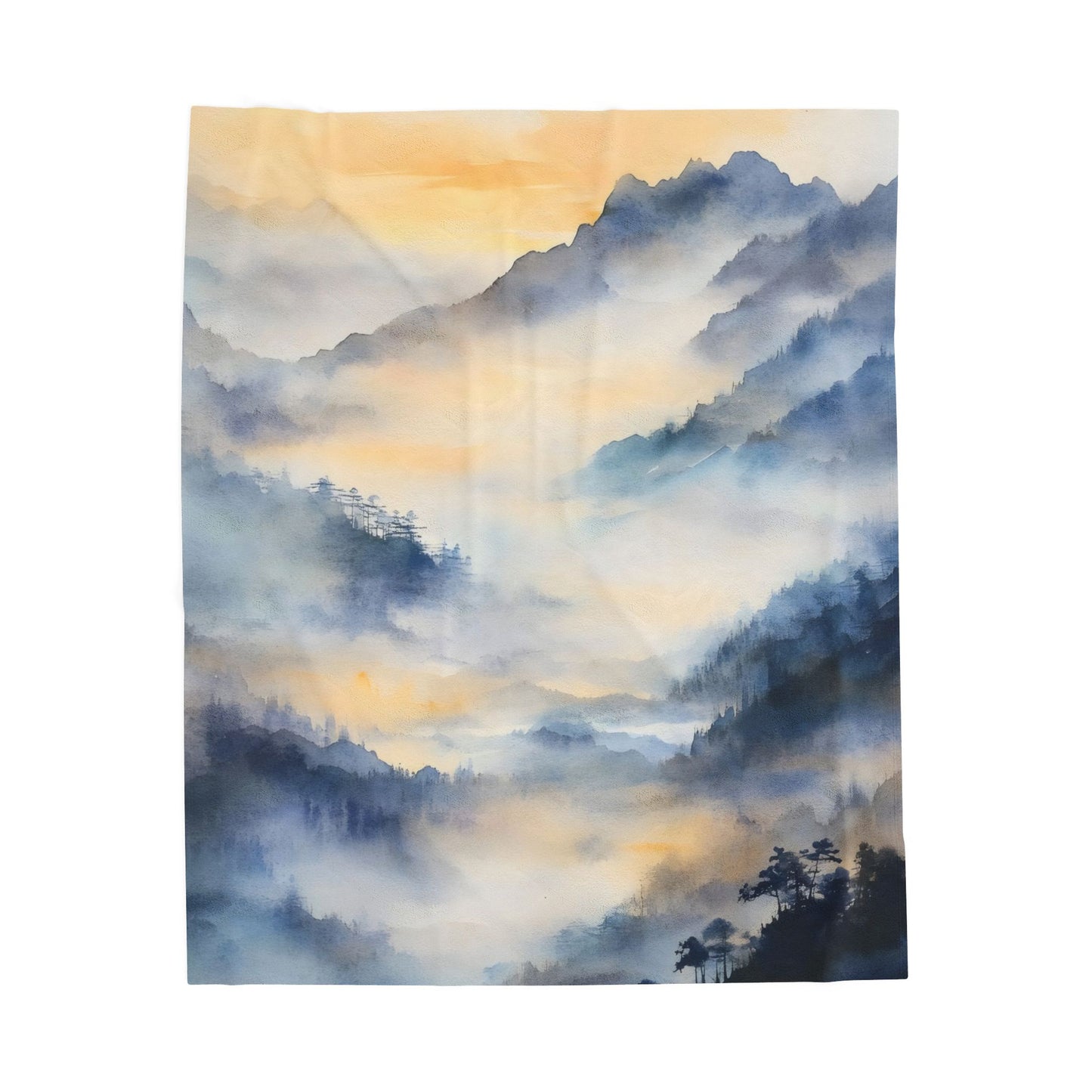 Misty Mountain Sunrise Velveteen Plush Blanket | Watercolor Landscape Throw