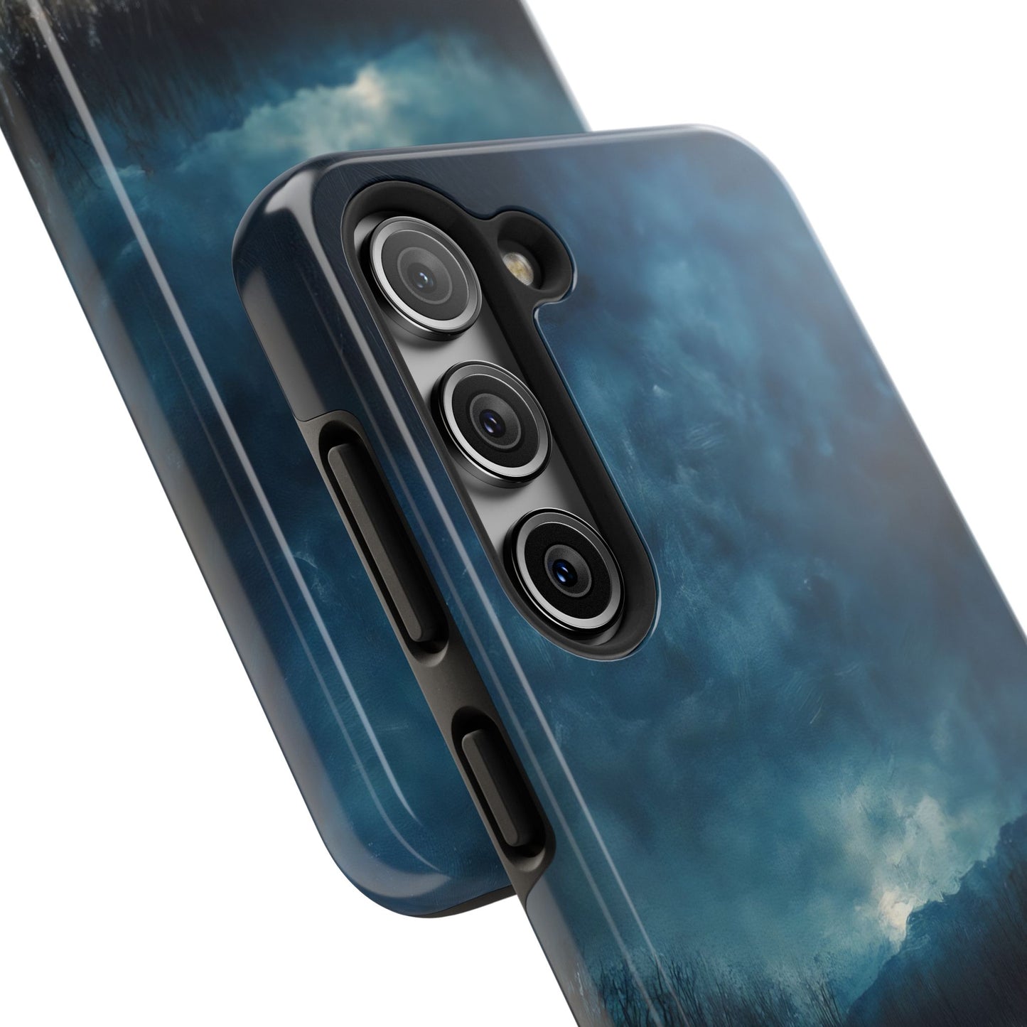 Blue artistic phone case with misty mountain and sky design, close-up on camera lenses