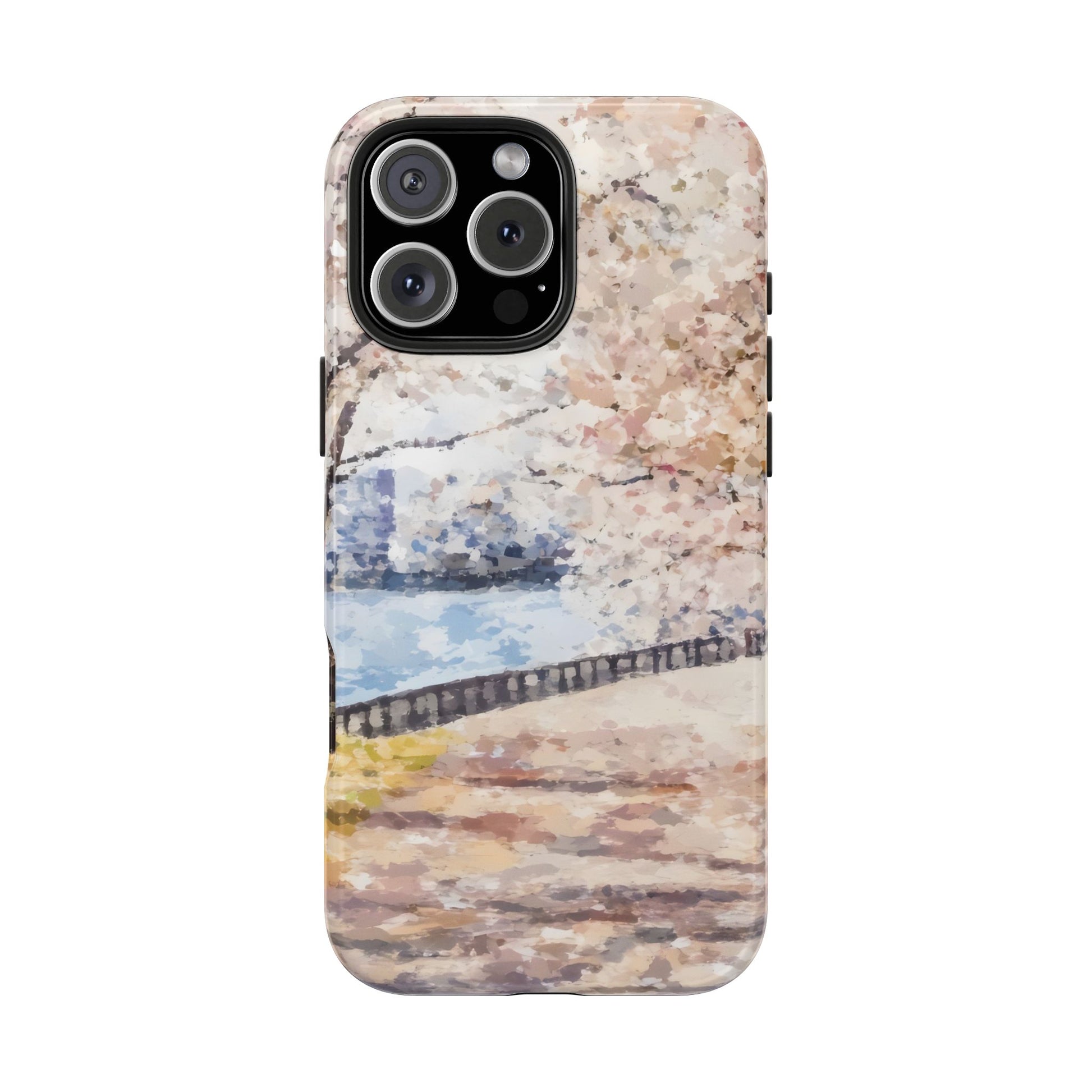 Phone case with a pastel watercolor cherry blossom design by a riverside path
