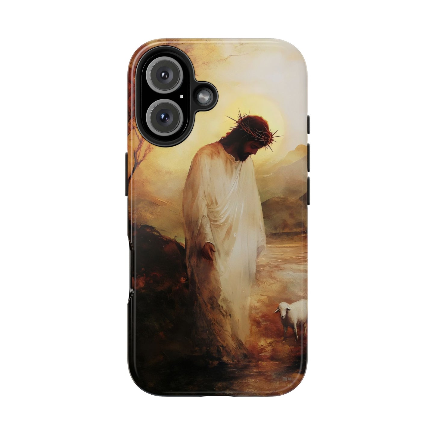 Christian phone case with serene Jesus and lamb artwork, spiritual faith-inspired design