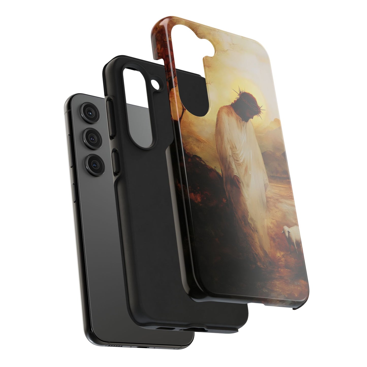 Christian phone case with Jesus and lamb artwork, protective faith-inspired design