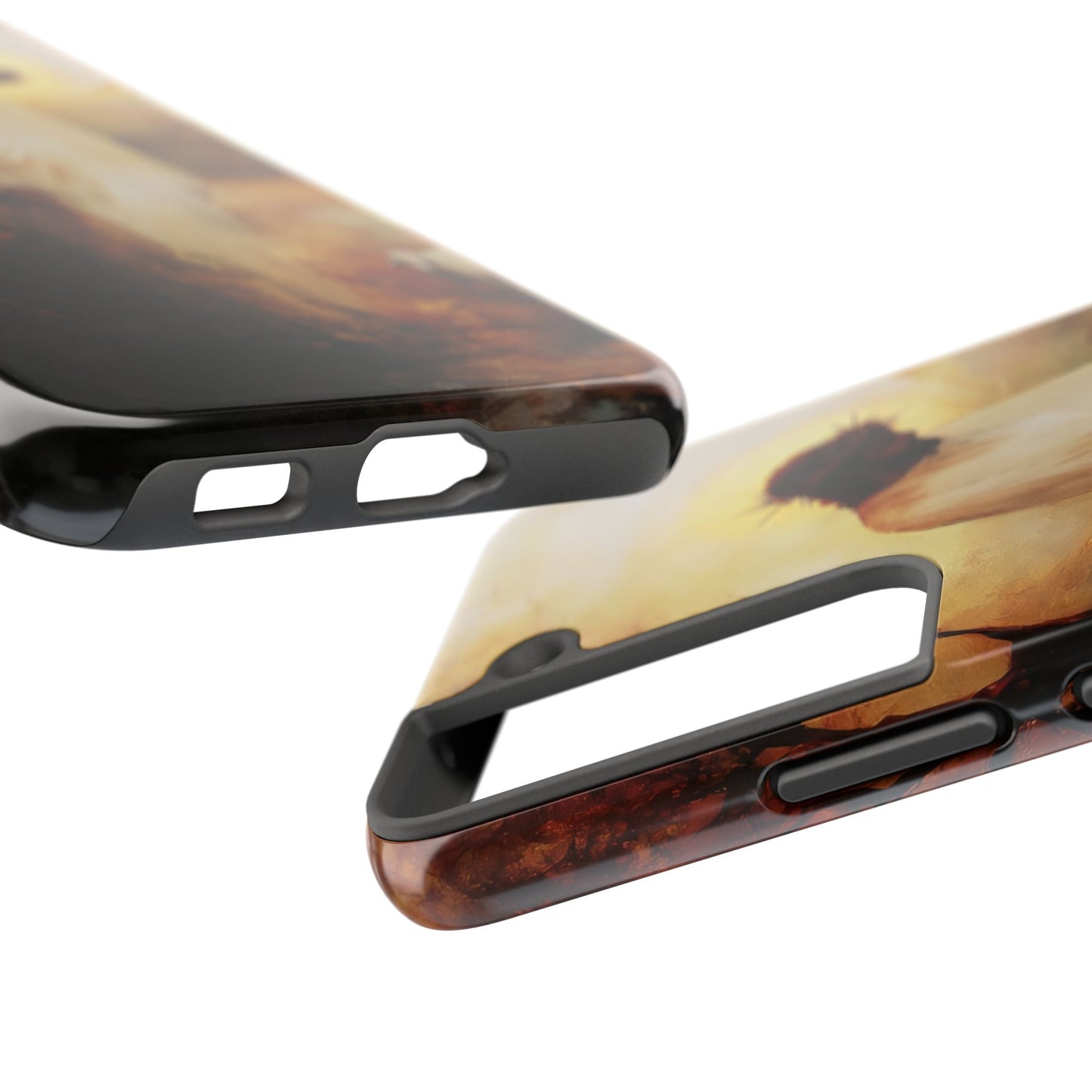 Close-up of two Christian-themed phone cases with abstract, inspirational art design