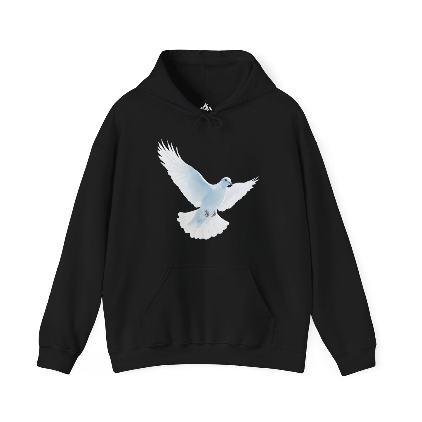 Black Christian hoodie with white dove graphic, faith-inspired minimalist apparel