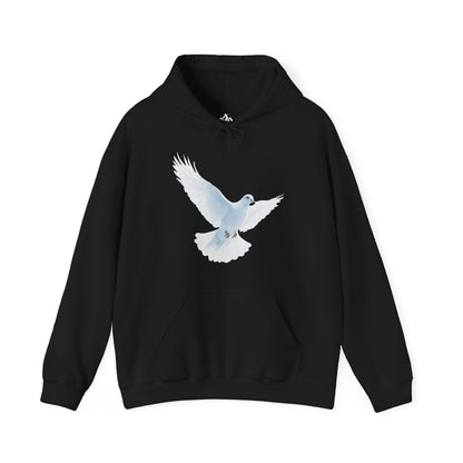 Black Christian hoodie with white dove graphic, faith-inspired minimalist apparel