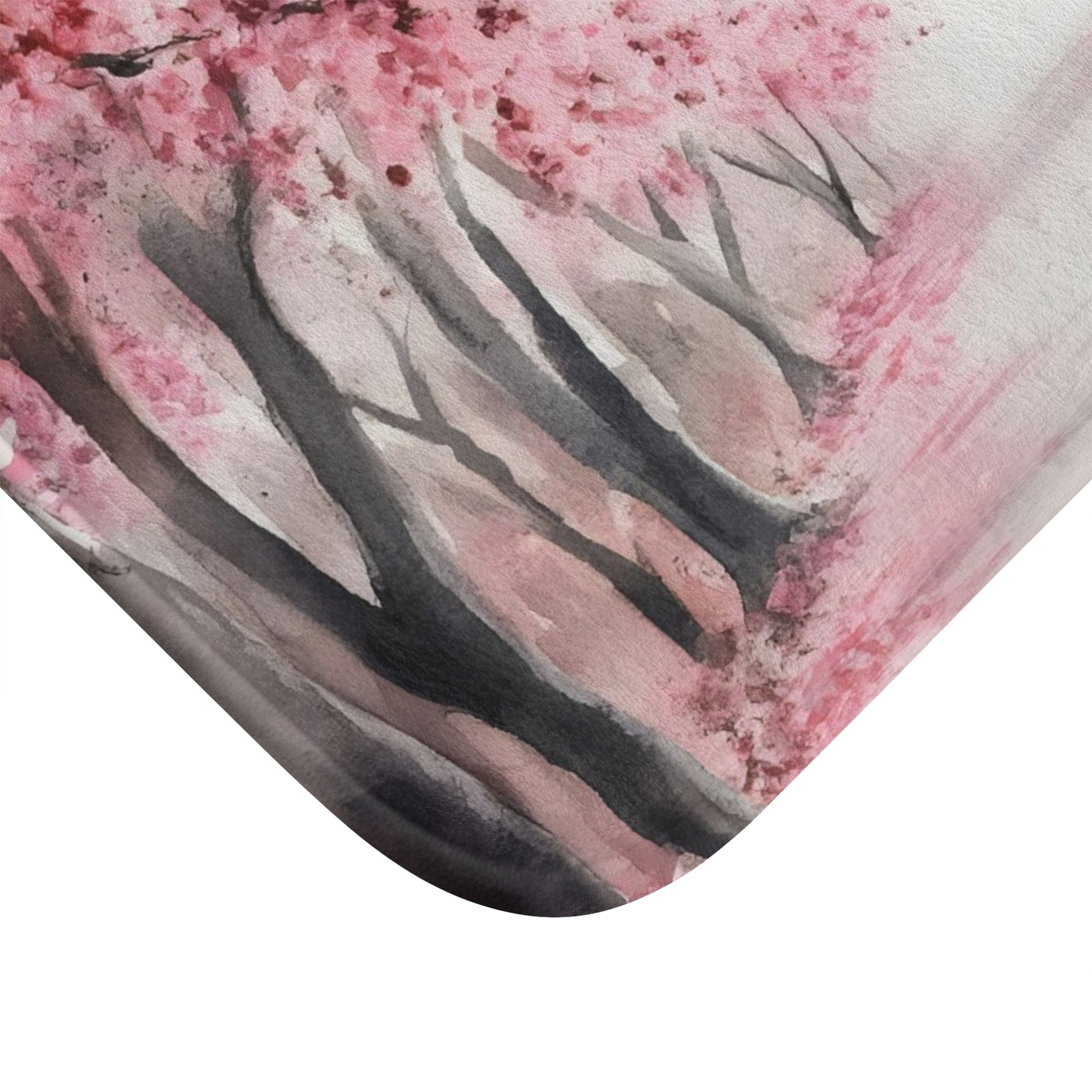 Watercolor cherry blossom trees with pink flowers and dark trunks on fabric corner
